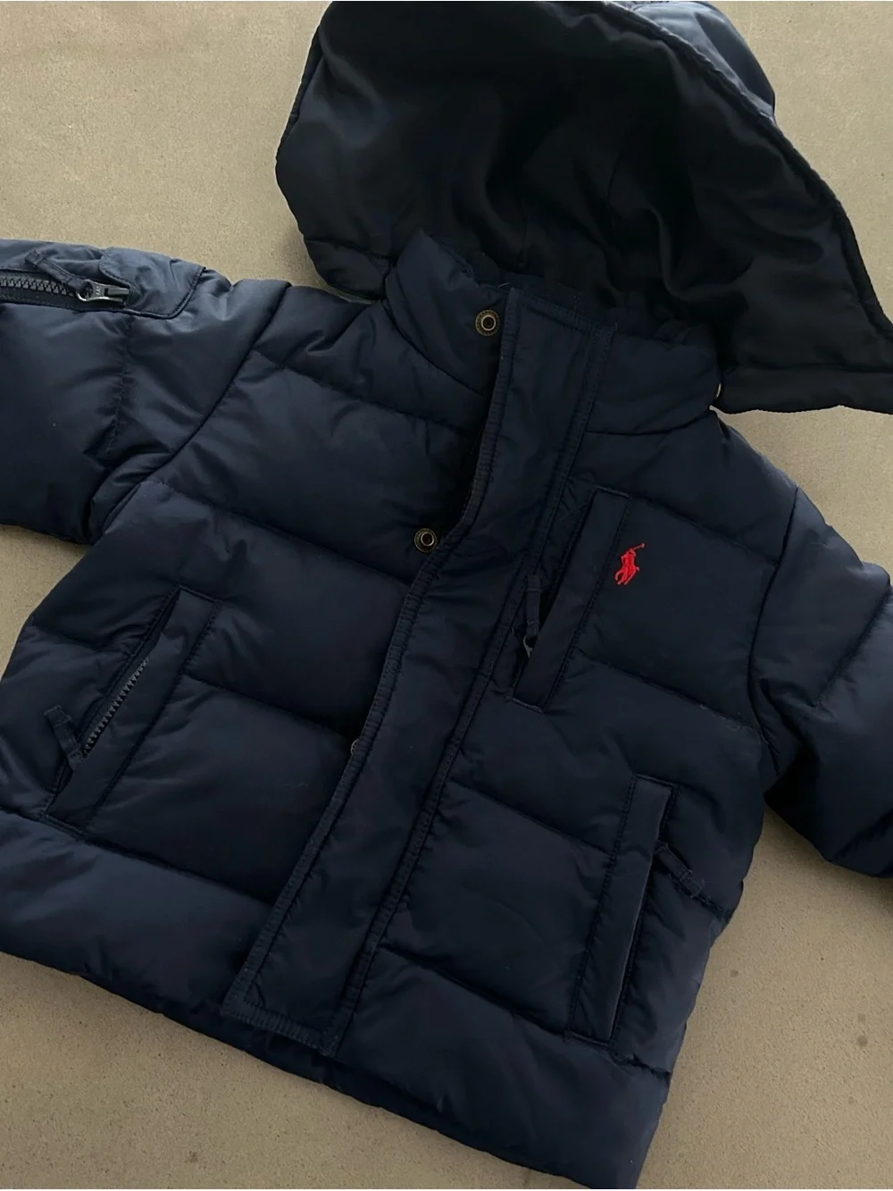 12M Polo Ralph Lauren Navy Puffer Jacket with Red Pony detachable hood EUC